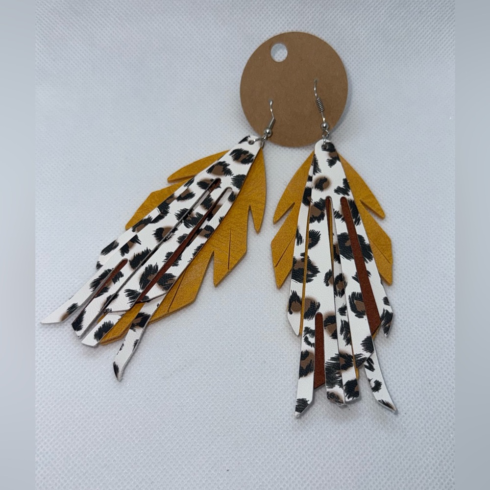 Paparazzi Yellow and Leopard Print Feather Earrings